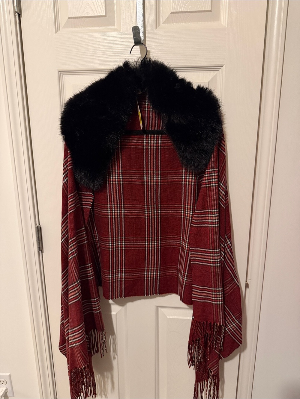 Red Plaid Fringe Poncho with Black Faux Fur Collar